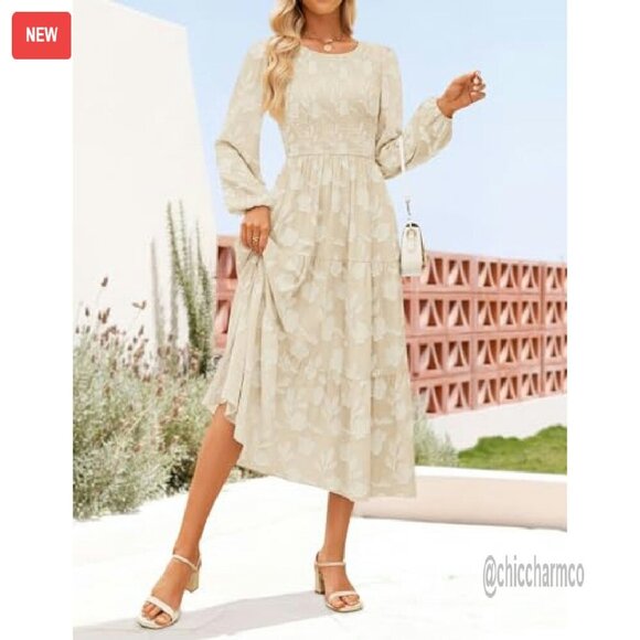 Boho Floral Midi Dress Long Sleeve Crewneck Flow Wedding Guest - Picture 3 of 8